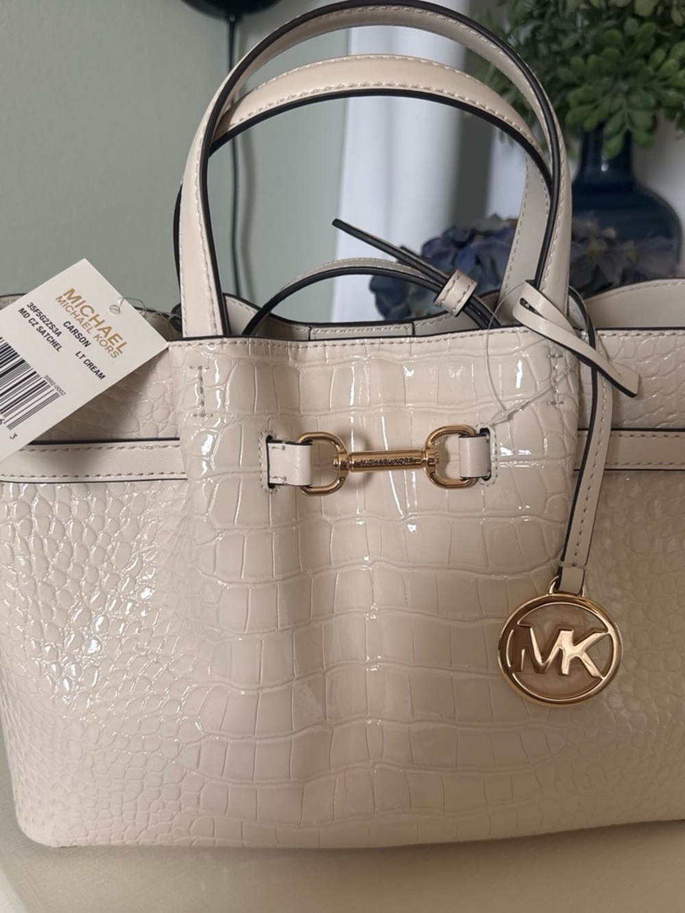 Michael Kors Carson Medium Crocodile Embossed Satchel Color: LT CREAM
